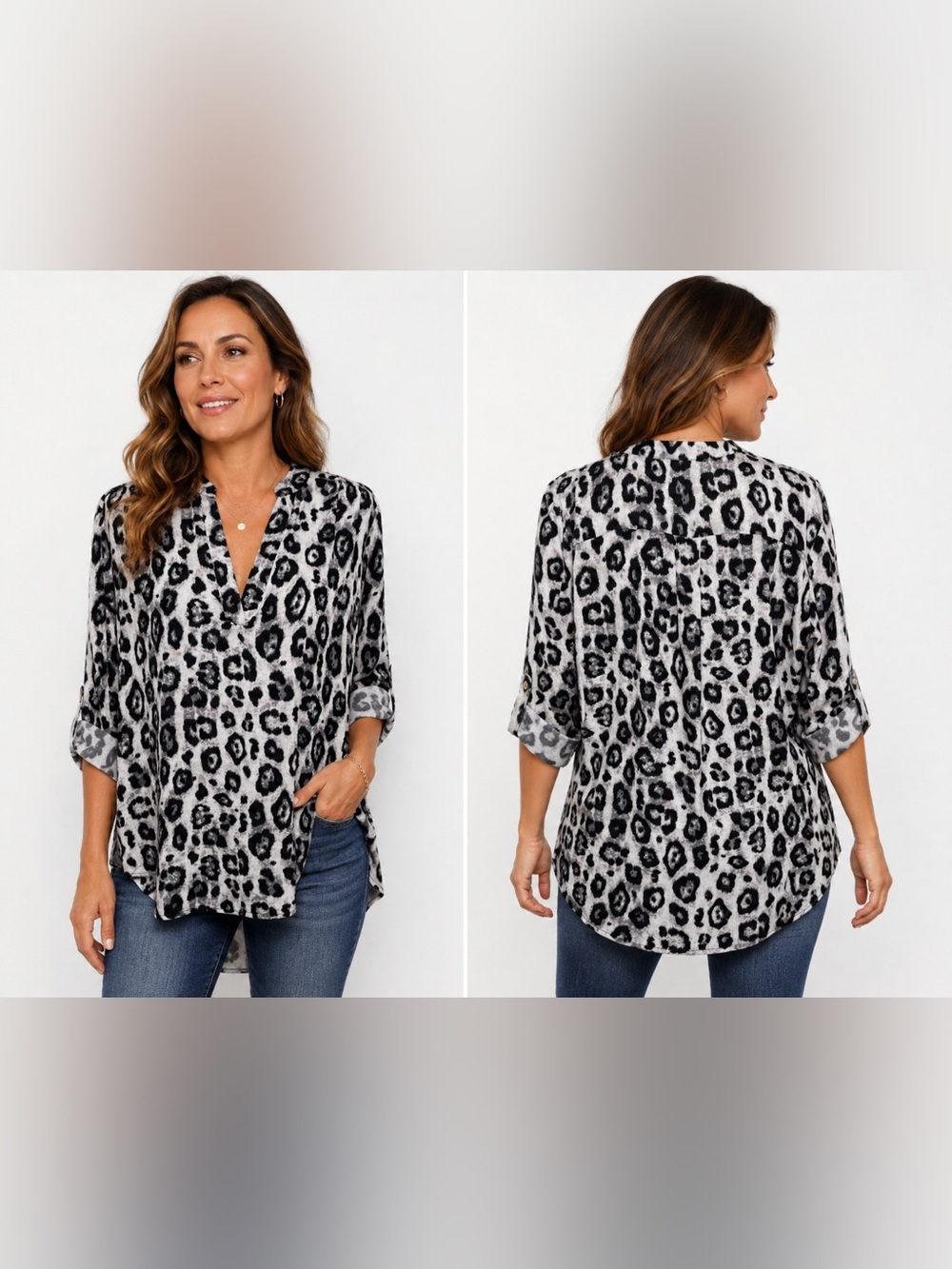 Entro Leopard Print VNeck Tunic Top High Low Roll Tab Oversized Black White S